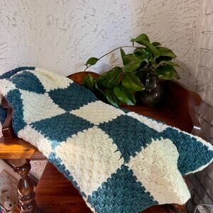 Handmade Crochet Checkerboard Throw Blanket Afghan Lap Cottagecore Decor 38x59